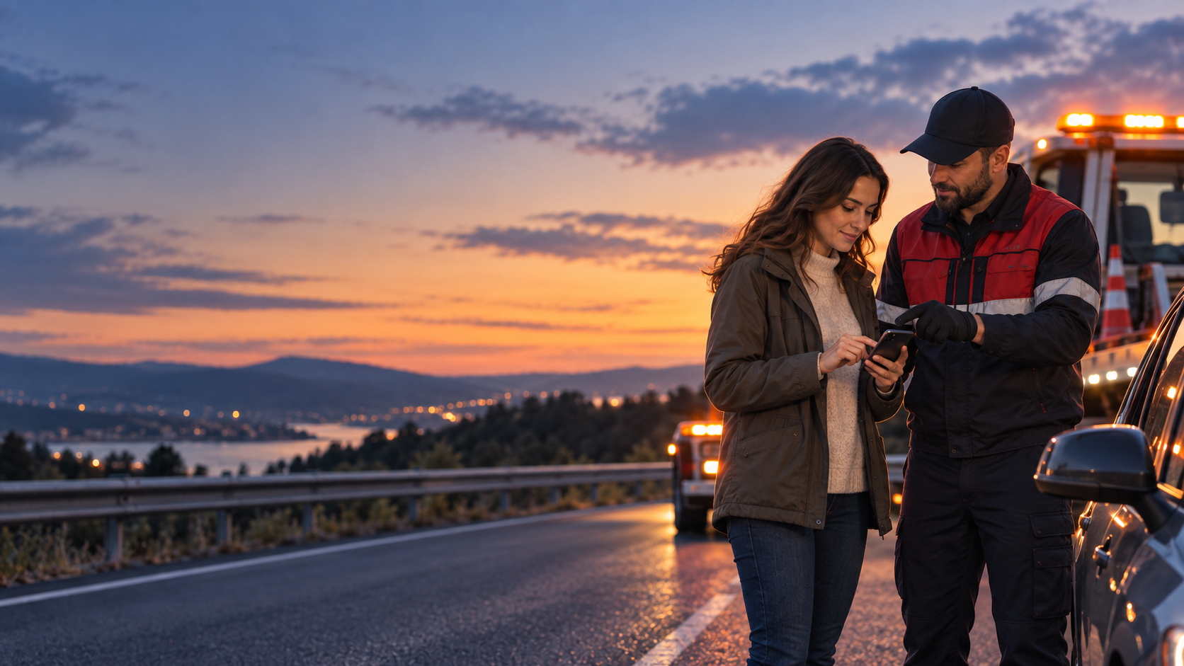 Roadside technician discussing service details with a customer.