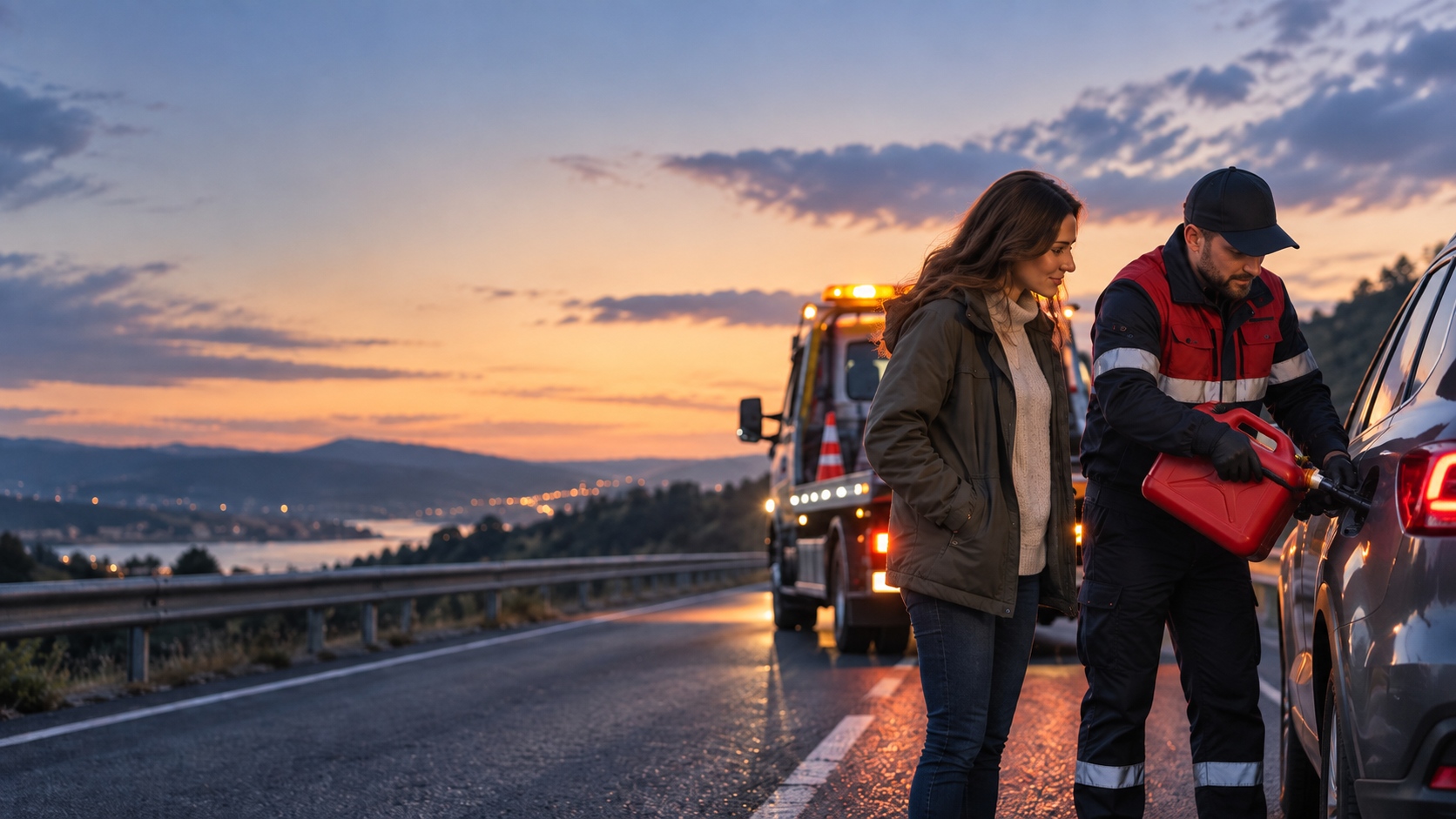 Roadside fuel delivery being provided to a stranded vehicle.