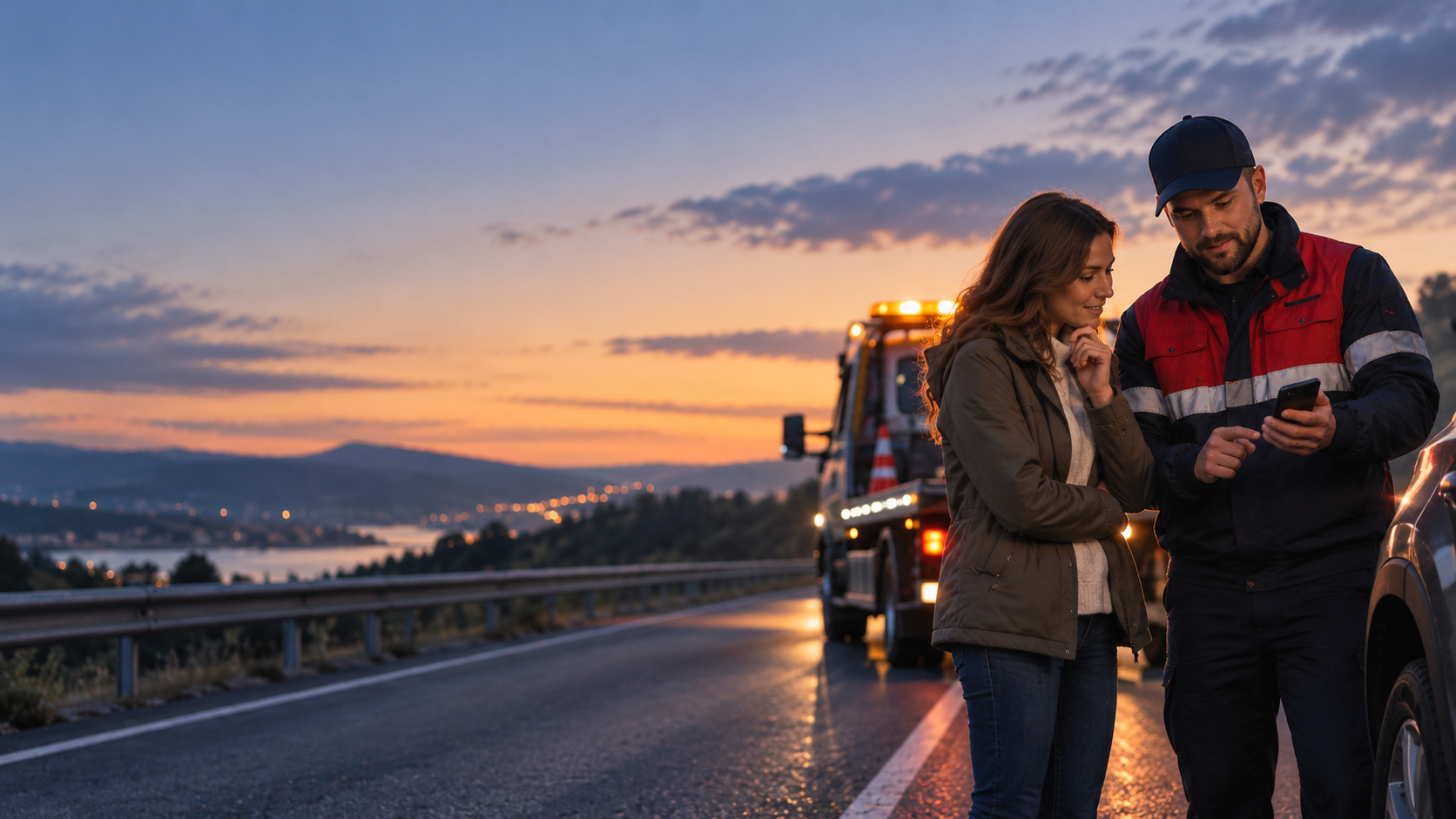 Roadside assistance scene representing service pricing and dispatch.