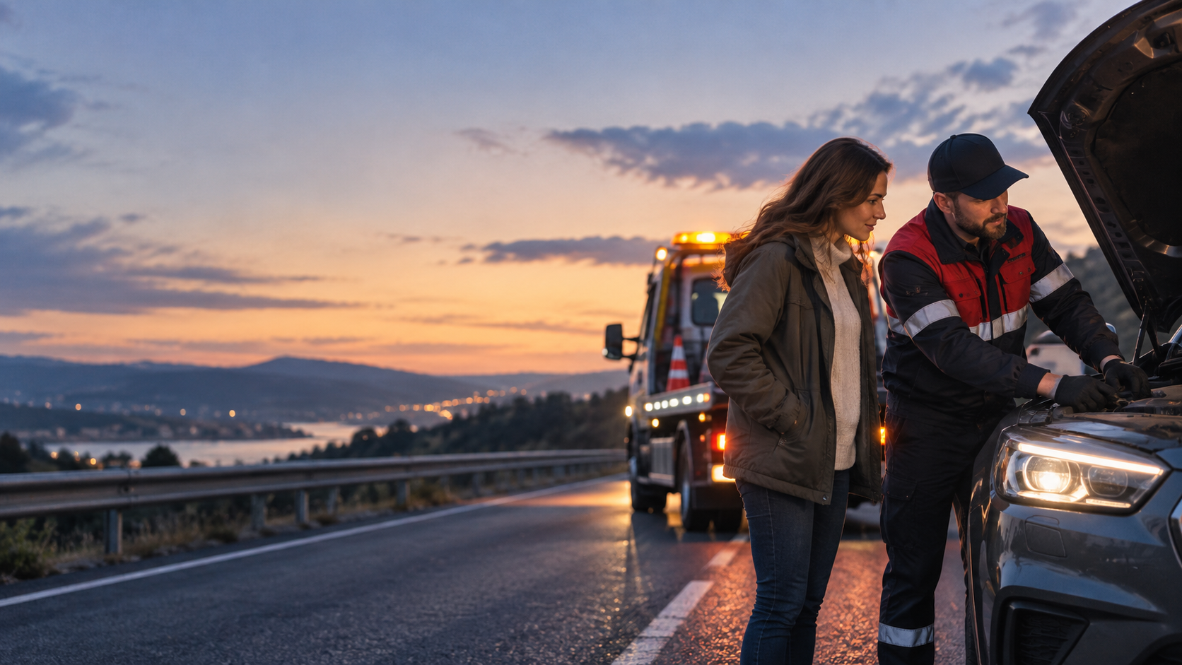 Roadside assistance scene representing roadside safety and vehicle visibility.