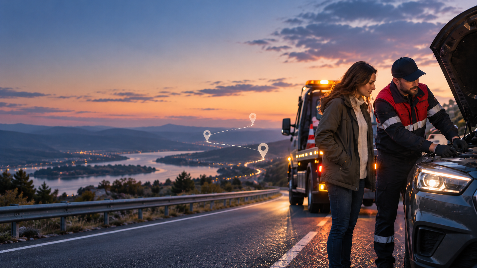 Roadside assistance scene representing Vanguard local and extended service coverage.