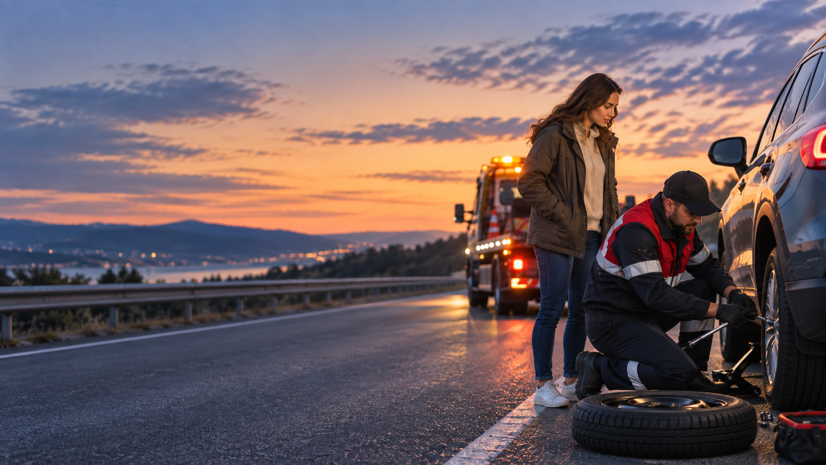 Roadside tire change with a spare tire beside a vehicle at dusk.